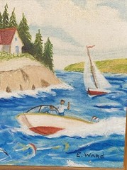 Vintage Painting Of Lighthouse, Signed E,Ward And Handmade Lighthouse