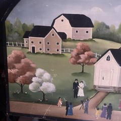 Vintage Folk Art Painting on Wood of Wedding Church Landscape signed