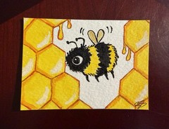 ACEO ATC original Acrylic painting—Busy Bee In Hive Beehive Honeybee Honey Bee