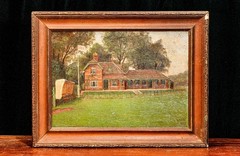 Charming Antique Framed Oil Painting English Cricket Pavilion Sports Victorian