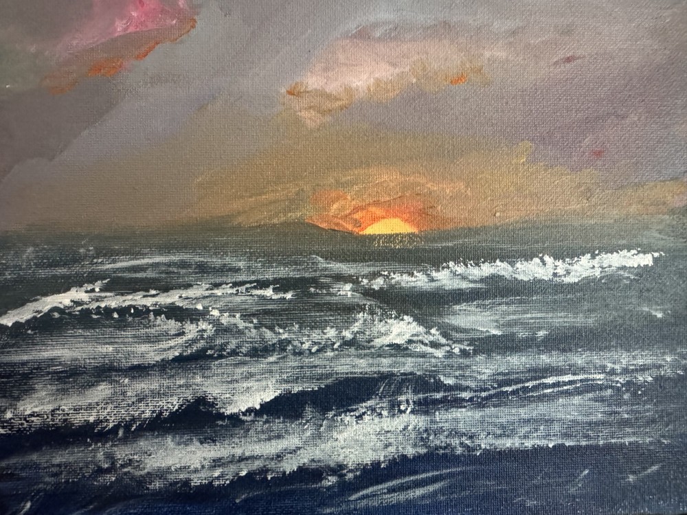 Original 8×10 R Gaston Seascape Peeking Sunset Acrylic Painting Canvas Panel