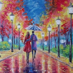 Small Oil Painting on Canvas Autumn Park Couple Umbrella Vibrant Colors Wall Art