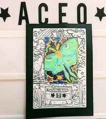 Luna Moth witch nighttime stars dark marker illustration ACEO Size
