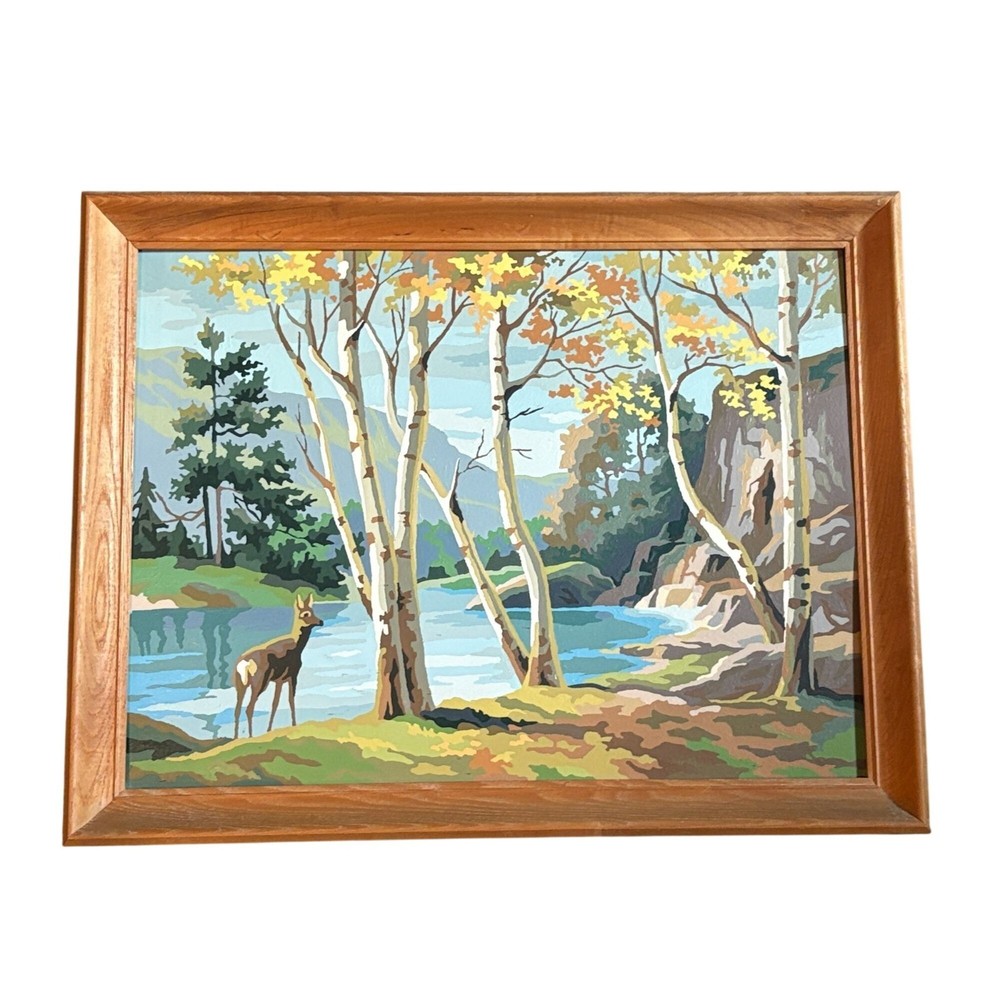 Large Paint-By-Number Framed Scenic Forest Landscape Deer & River 27″ x 21″ Vtg