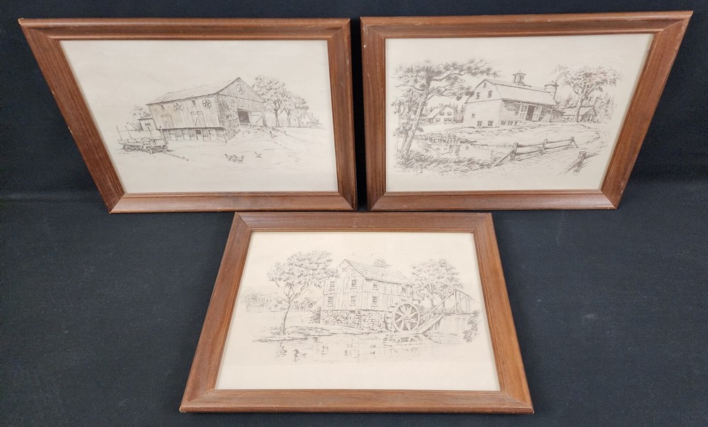 3 ORIGINAL PENCIL SKETCH PRINTS GLASS WOODEN FRAMES VILLAGE LIFE LANDSCAPE