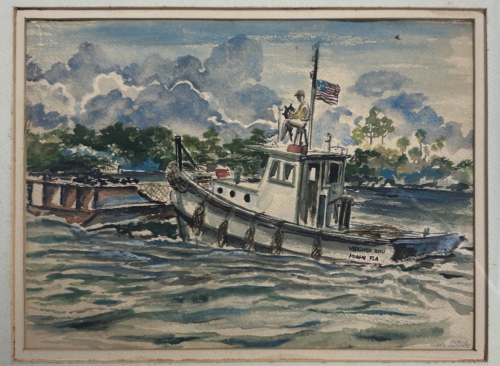 Vintage Florida Watercolor Painting 1956 By Gregg Moore Tug Boat & Barge READ !
