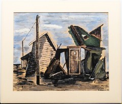 American Mid Century Mixed Media Town Scene „Impressionism“ , Signed, 1954