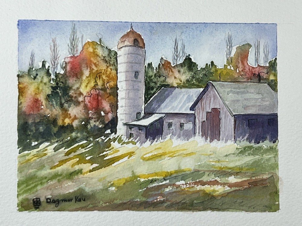 Watercolor Painting Autumn Barn With Silo Colorful 7×10” Fine Art Dagmar Kau