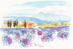 Lavender Field Landscape Watercolor Print Provence France Farmhouse 2003 Signed