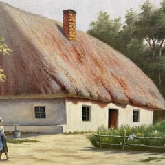 Vintage Mid Century Ukrainian Farm Landscape Painting Figural Daily Life 27×21″