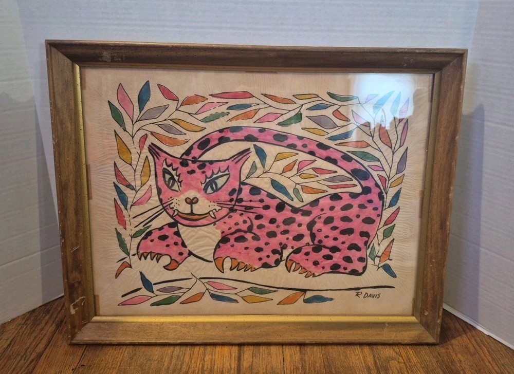 R. Davis „Jaguar In The Jungle“ Watercolor/Ink EUC 17″ X 21.5″ Framed Rare Find