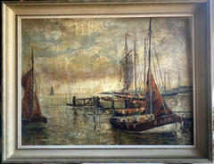 ::SIGNED OIL PAINTING HARBOUR AND SHIPS SAILBOAT AT HARBOUR DUSK