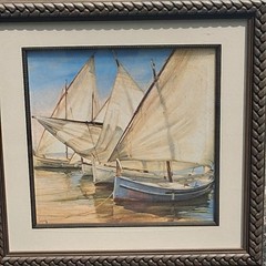 “Violet Boat” By Juame Laporte Sailboat, Seascape, Realism, Blue, Tan, cream