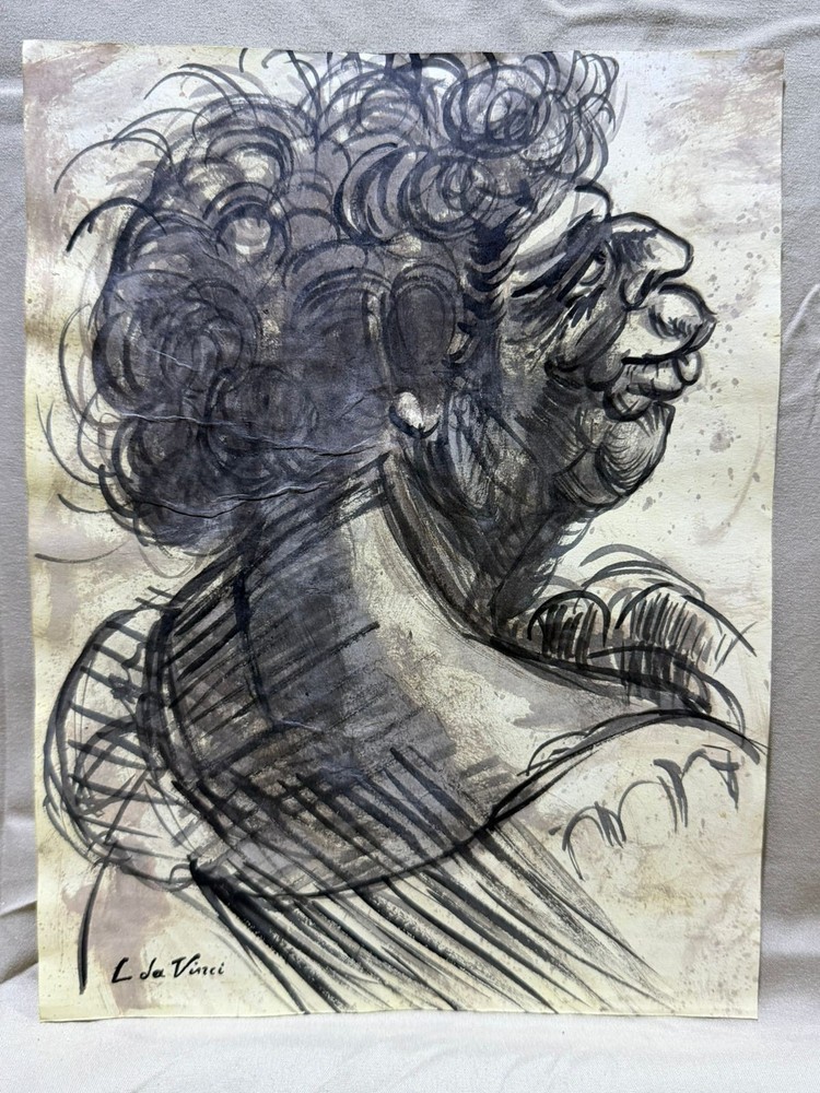 LEONARDO DA VINCI drawing and painting on old paper signed stamped vintage