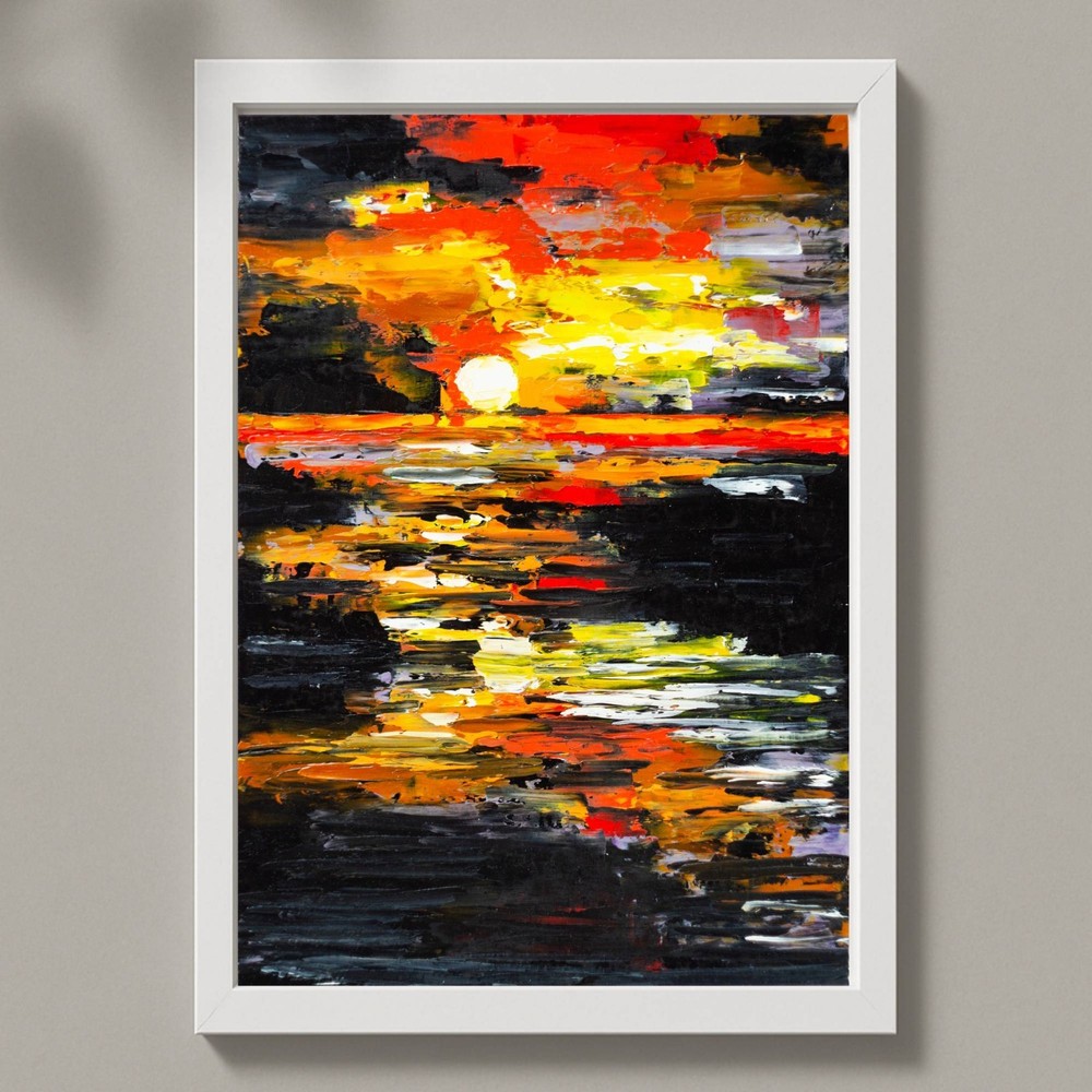 Sunset Seascape Painting Original Art Ocean Horizon Abstract 16×12 Wall Decor