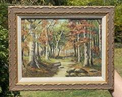 20th C. Oil Painting New England Autumn Birch Forest Hudson River School Nature