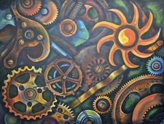 GEARS machine PAINTING Art,Original,Acrylic,Steampunk,Mechanical,Metal,Yin Yang