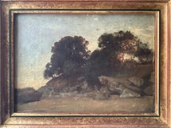 19th Century Camille COROT Landscape ROCKS FONTAINEBLEAU 1860’S Oil Painting