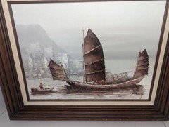 Signed Framed MCM „Junks at Sea“ Oil Painting by P. Wong, USA, c. 1970’s