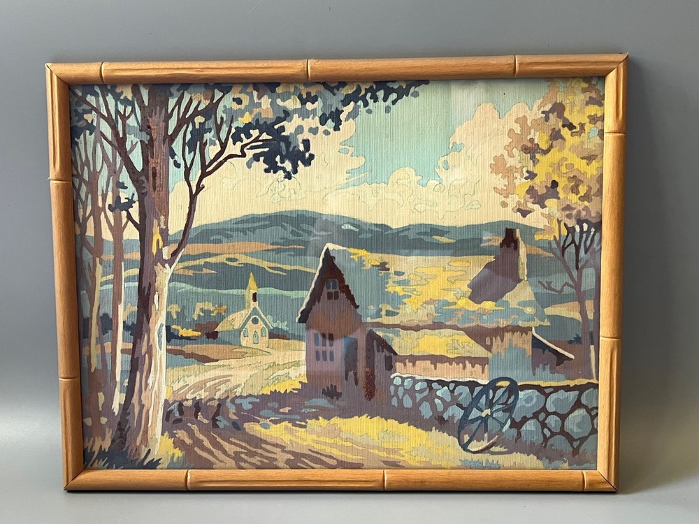 Vtg 1950s Paint by Number Finished Landscape Painting Church Country House Frame