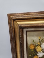 1970s R. Pasanault Gold Framed Yellow Floral Oil on Canvas Painting 17″ x15″