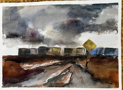 Portfolio of 6 watercolor of trains and rail yards in Libertyville, Ill. 1970’s
