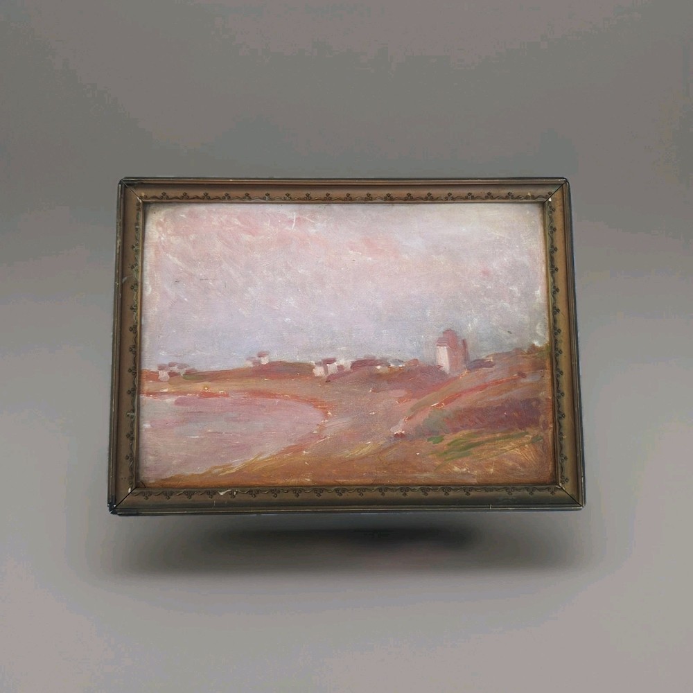 Antique Oil Painting Impressionist Landscape Signed Framed Miniature On Panel