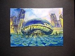 Painting Chicago City Downtown Cloud Gate Skyscraper Millennium Park 5×7 inches
