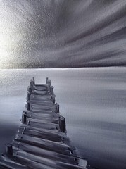 Original Painting Bridge Lake Sky Black White Art Landscape Oil 18 x 14 in