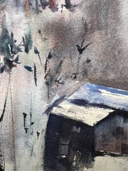 Snowy Village Landscape–Charlotte Hoffman–Medium Size Watercolor-Mid 20th NY Art