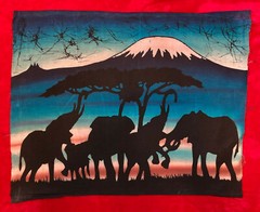One Only BATIK Original TANZANIAN Art – Elephants, Acacia Tree & Mt Kilimanjaro