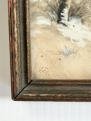 Antique Watercolor Painting Homestead, Barn In Winter w/ Home Sweet Home Poem