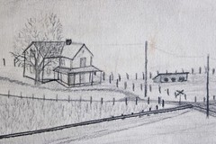 LARGE VINTAGE PENCIL DRAWING ON PAPER SIGNED 1973 RURAL LANDSCAPE FOLK ART