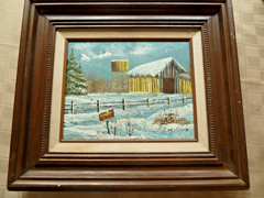 Painting by J. Medina Rural Barn Oil on Canvas wood frame Winter Snow 17″ x 15″