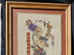 Mexico Mayan Art Painting on Leather Pyrography Chan-Bahlum Ascension Ritual