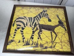 Framed Yellow Batik Tribal Zebra Gazelle African Art Safari Vintage 12.5×10.5in