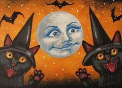 5X7 PRINT OF PAINTING RYTA HALLOWEEN BLACK CATS WITCH FOLK ART Vintage Style Bat