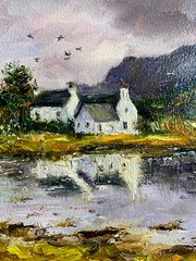 Original Oil Painting Oval Landscape Irish Cottage on the lake Textured Art 6×8