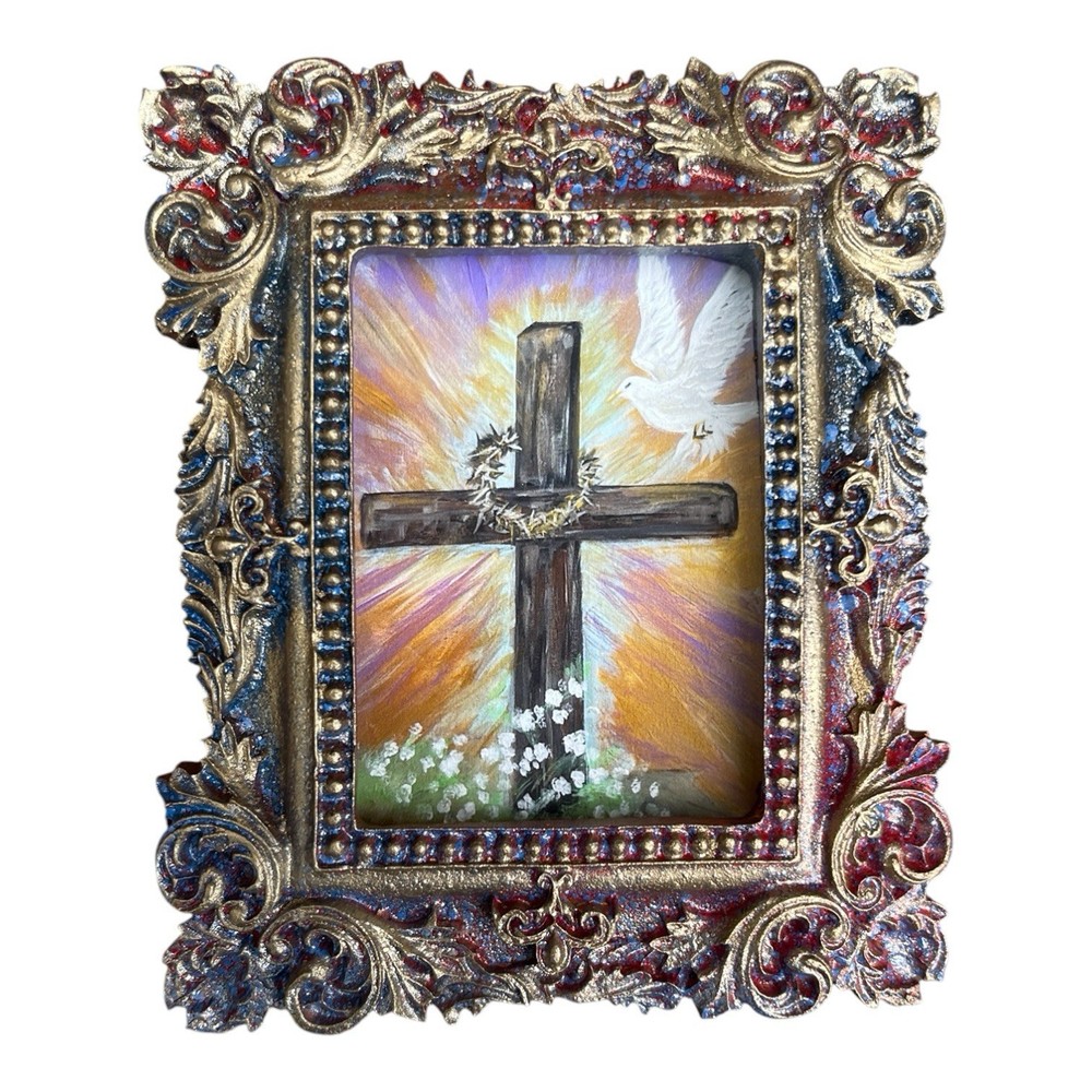 Mini Christian Cross Art Print in Colorful Ornate Vintage Frame