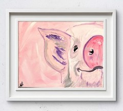 Big happy pig expressionist modern fine wall art painting 14X11 canvas original