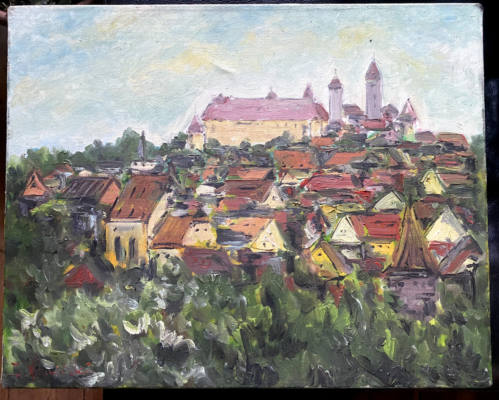 :OIL PAINTING CASTLE HARBURG SWABIA GIANT ° SIGNED KAMINSTKY ANTIQUE MEDIEVAL