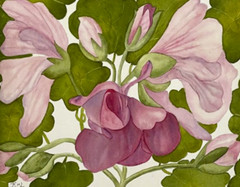 PAINTING WATERCOLOR 11X14 WHITE MAT 16X20 FLOWER GERANIUM PINK PURPLE ORIGINAL