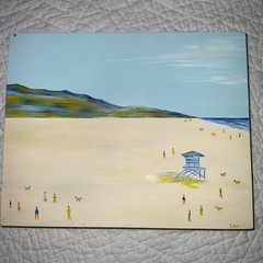 coast ocean Painting original beach tiny people life guard tower by Lori