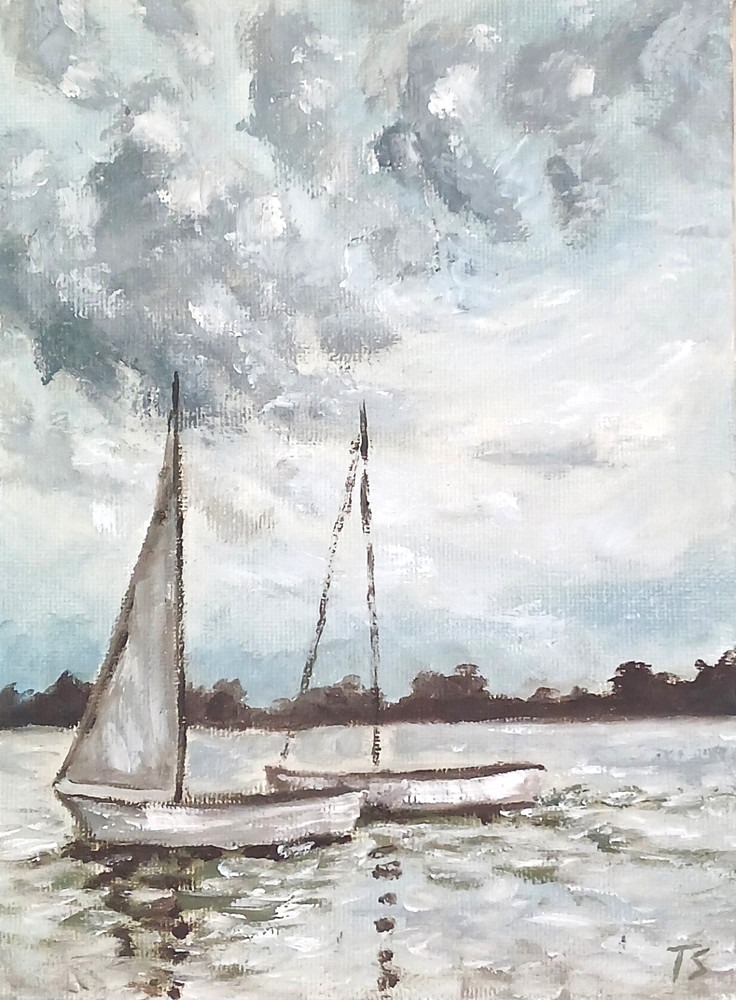 ORIGINAL Oil Painting Fine Art Impressionism Lake River Two Boats 6″ x 8″