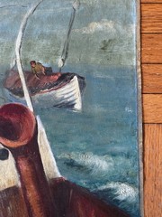 Vintage 1930s Oil on Canvas Landscape Nautical Boat Scene 15×19 Jean Schweckler