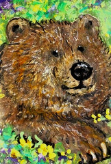 ORIGINAL ACEO Painting Brown BEAR Spring Landscape Flower Grizzly Animal ATC ART