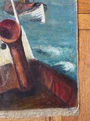 Vintage 1930s Oil on Canvas Landscape Nautical Boat Scene 15×19 Jean Schweckler