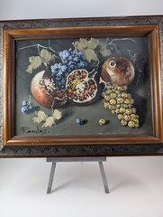 Original Art Oil painting Still life Pomegranates and Grapes on Canvas. Framed.
