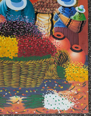 Peruvian Colorful Painting Women in Flower Field Picking Flowers 27X35 Signed