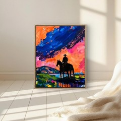Colorful Cowboy Silhouette Farm Landscape 16×20 Acrylic Canvas